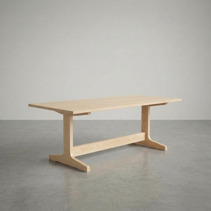 Wooden table with a minimalist design on a gray floor and background