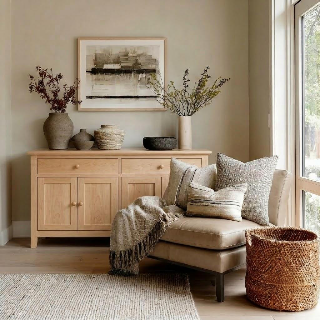 A styled interior corner featuring a light wood sideboard with decorative vases and framed wall art, next to a beige upholstered armchair with striped pillows and a throw blanket, plus a woven basket and window light.
