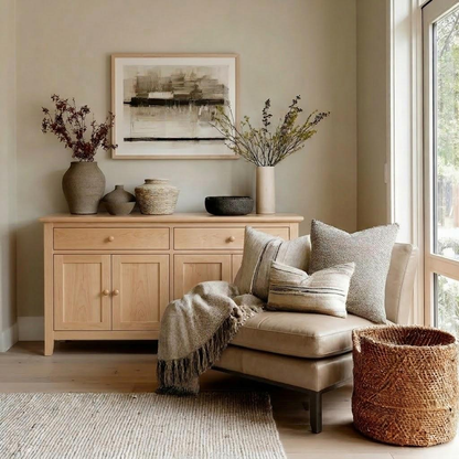 A styled interior corner featuring a light wood sideboard with decorative vases and framed wall art, next to a beige upholstered armchair with striped pillows and a throw blanket, plus a woven basket and window light.