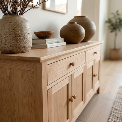 A light natural wood sideboard or credenza with multiple drawers and cabinet doors, styled in a bright, modern room with decorative ceramic vases and books on top.