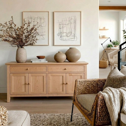 A light natural wood sideboard or credenza in a styled living room, decorated with a large textured vase of branches, two framed abstract prints, and two ceramic vases. A woven armchair with a cream throw blanket is in the foreground, and a doorway leads to another room.
