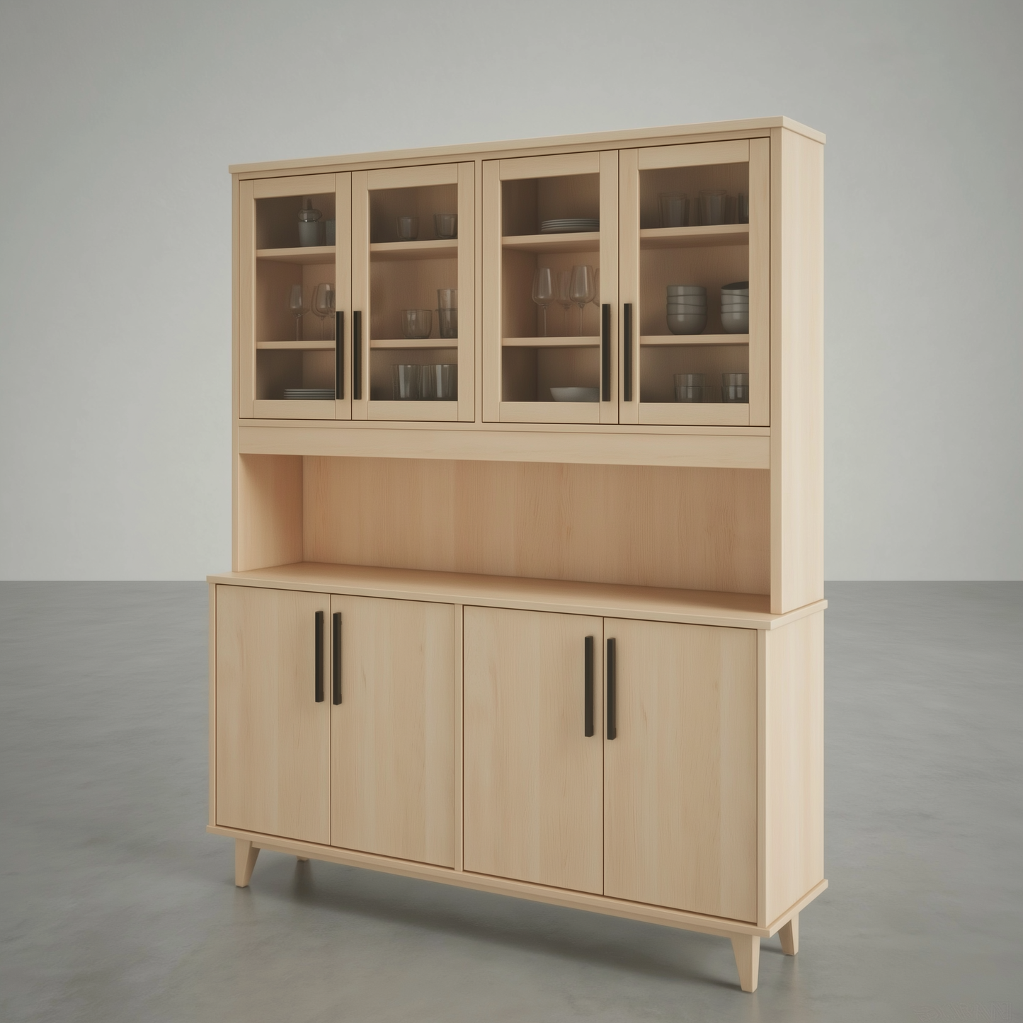 Wooden cabinet with glass and solid doors on a gray background