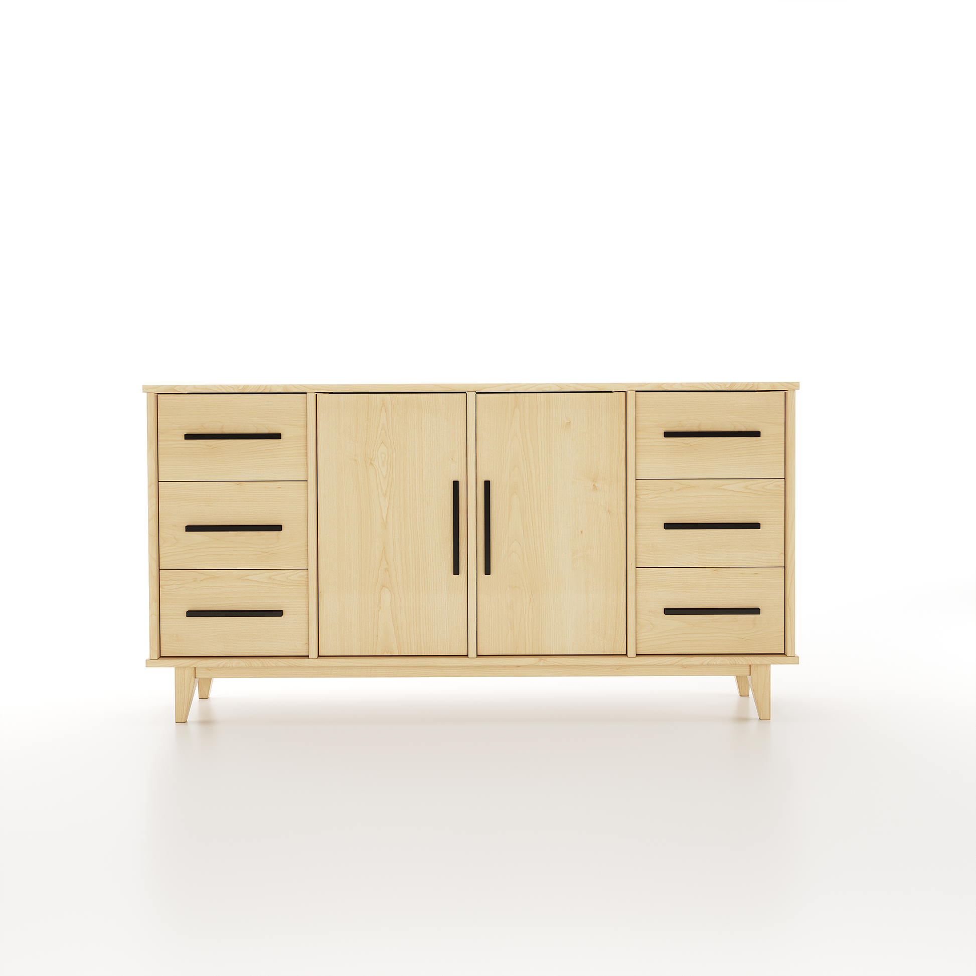 Buffet made of maple featuring 6 drawers and 2 doors on a white background