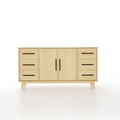 Buffet made of maple featuring 6 drawers and 2 doors on a white background