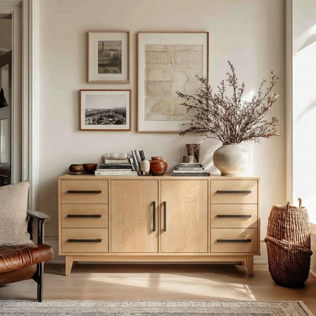 A light natural wood sideboard cabinet with six drawers and two central doors, styled in a warm, modern living room setting with framed art, books, and a large ceramic vase of dried branches.
