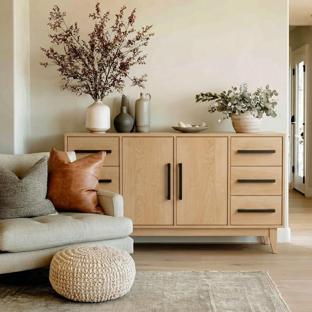 A light natural wood sideboard cabinet in a styled living room, decorated with vases, dried branches, and a potted eucalyptus, next to a gray sofa with a brown leather pillow.