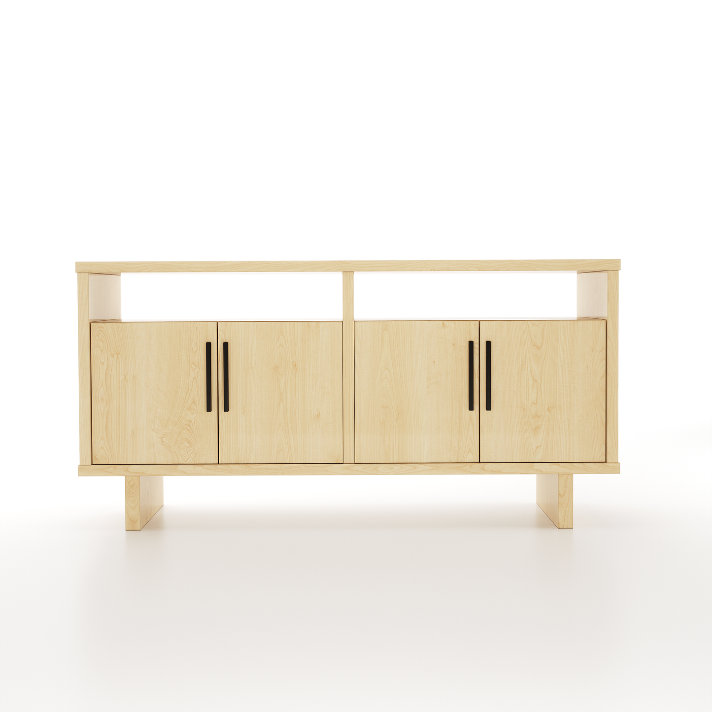 4-door maple buffet with two shelves on a white background