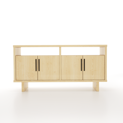 4-door maple buffet with two shelves on a white background