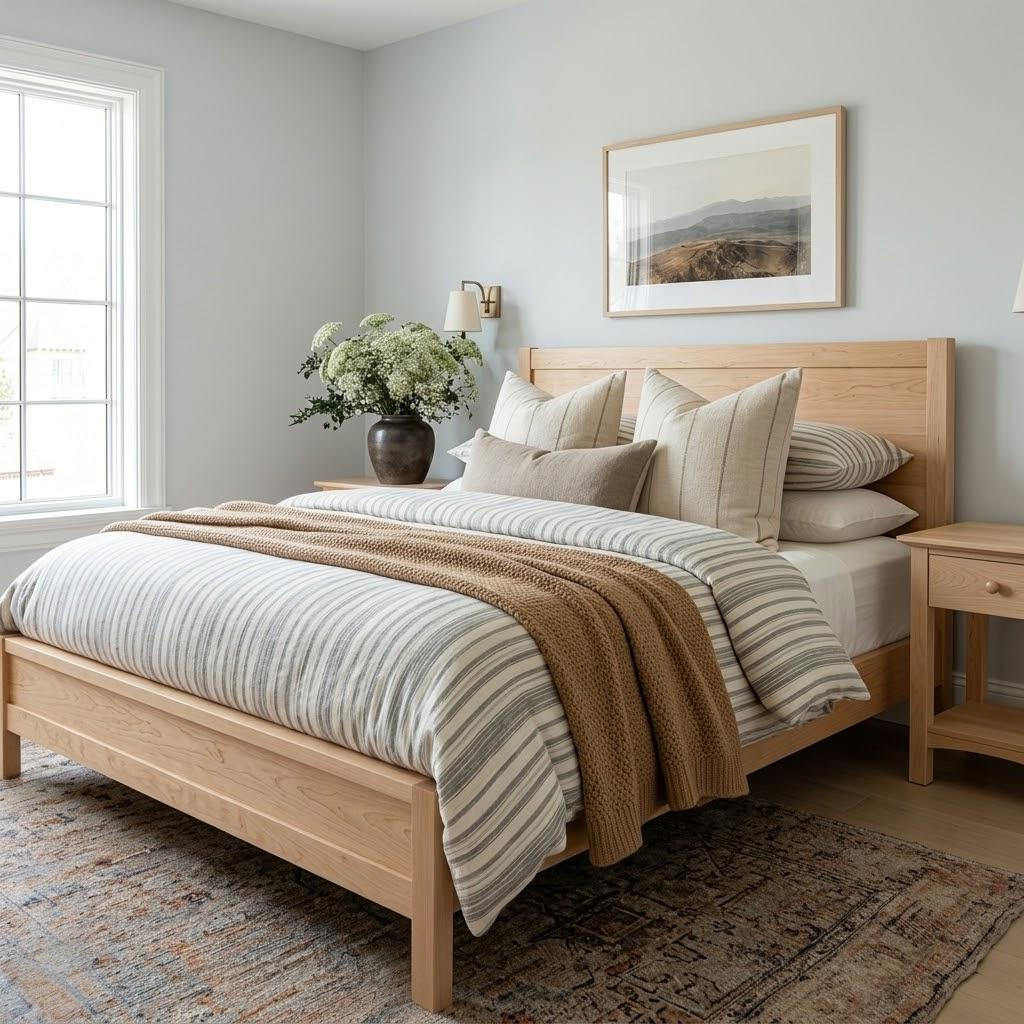 Modern bedroom with wooden bed, large windows, and a plant.