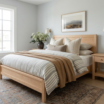 Modern bedroom with wooden bed, large windows, and a plant.