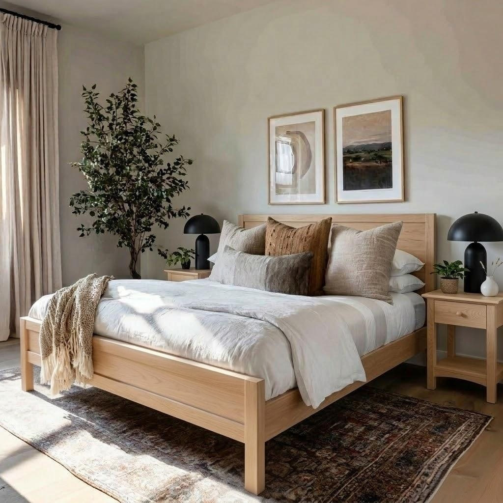 Neatly made bed with wooden headboard in a bedroom with large windows.