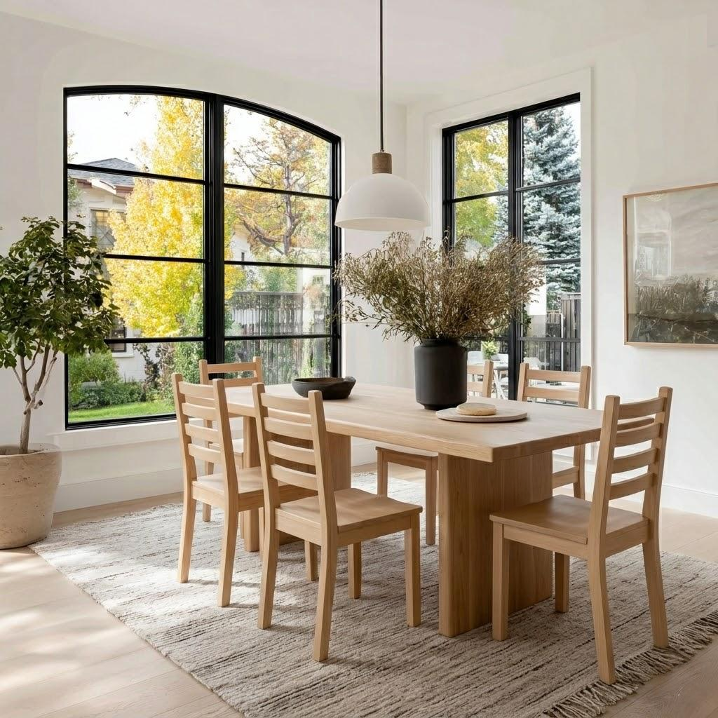 Dining room with wooden table and chairs, vase with flowers on the table.