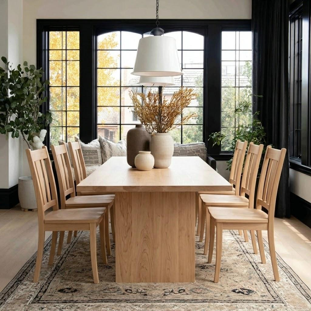 Dining room with wooden table and chairs, vase with flowers on the table.
