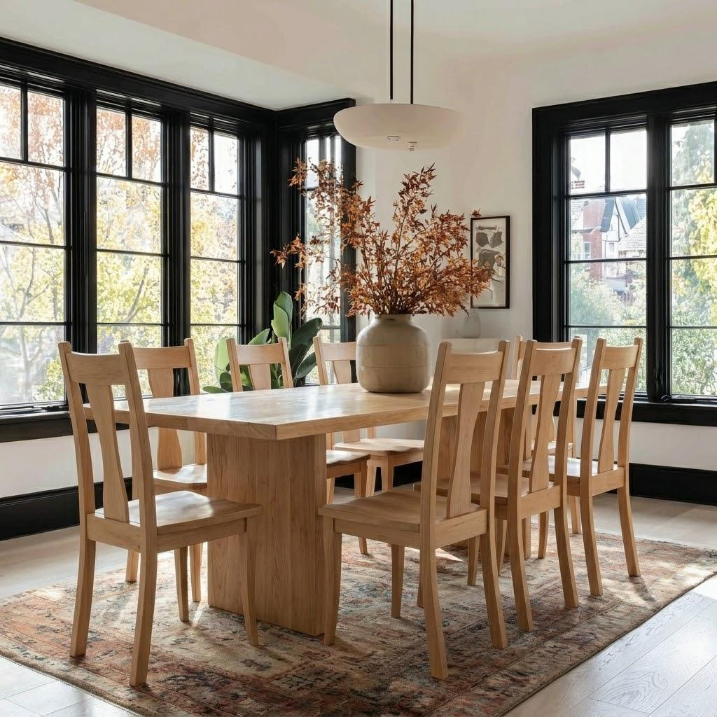 Dining room with wooden table and chairs, vase with flowers on the table.