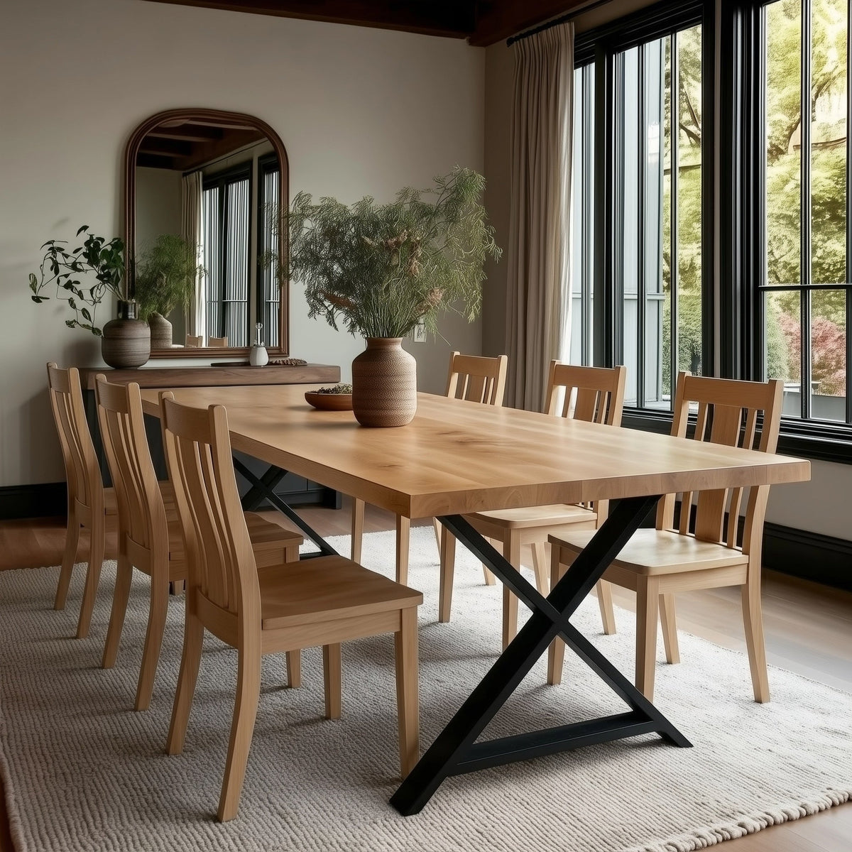 Dining room with wooden table and chairs, large mirror, and plants.