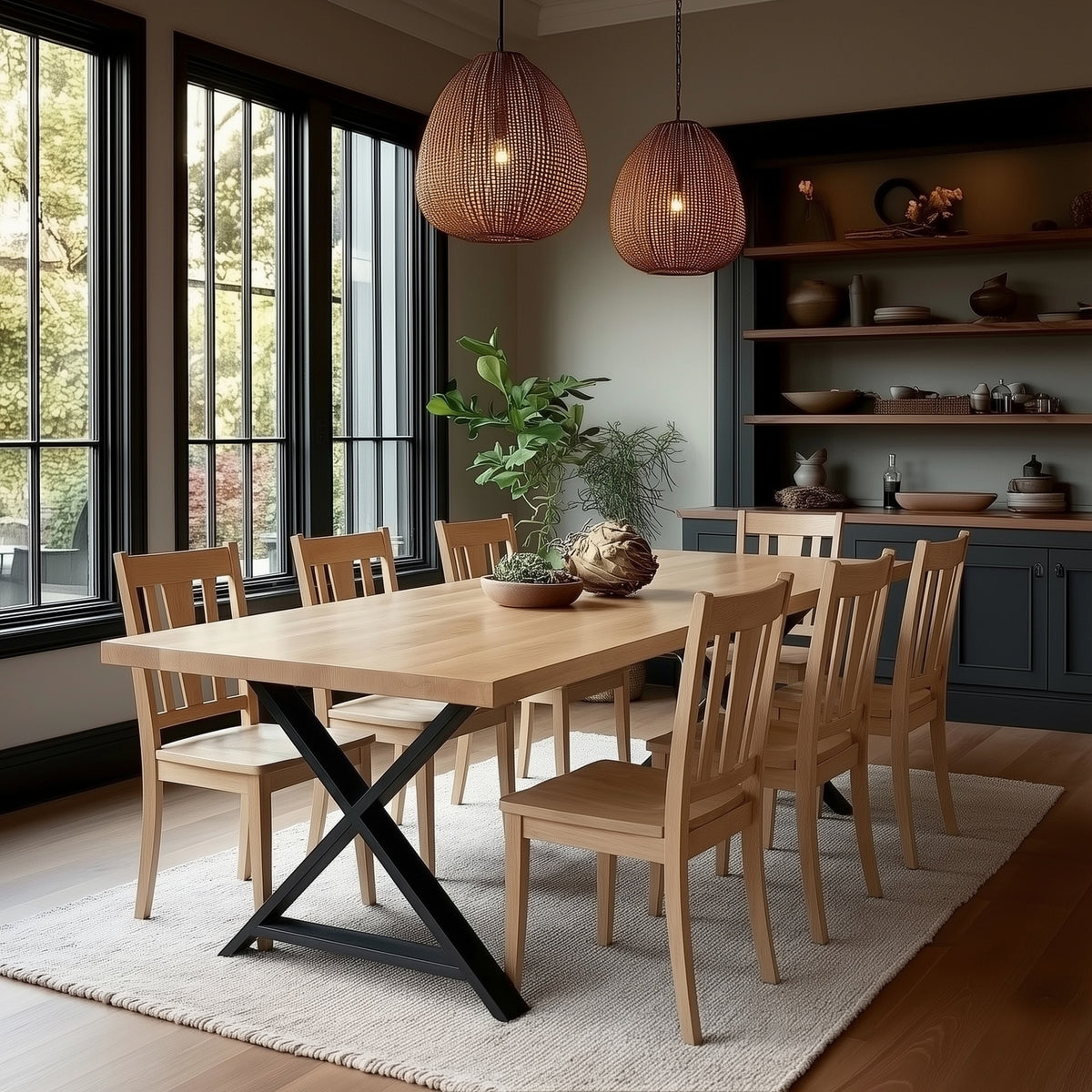 Dining room with wooden table and chairs, large windows, and decorative elements.
