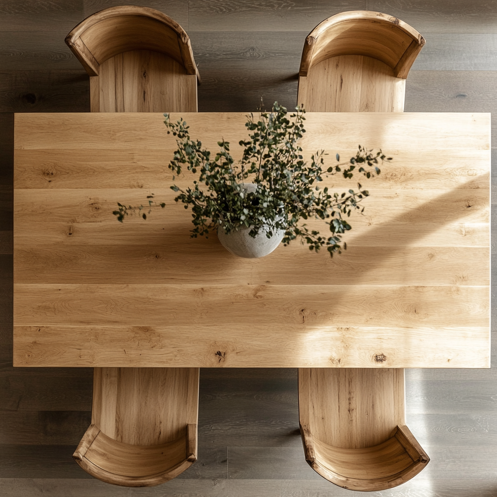 Top down view of a maple dining table with matching chairs