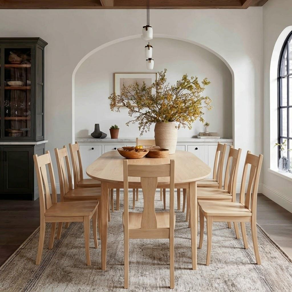 Dining room with wooden table and chairs, vase with flowers, and kitchen in the background.