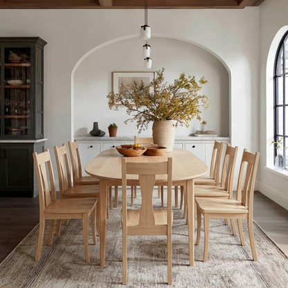 Dining room with wooden table and chairs, vase with flowers, and kitchen in the background.