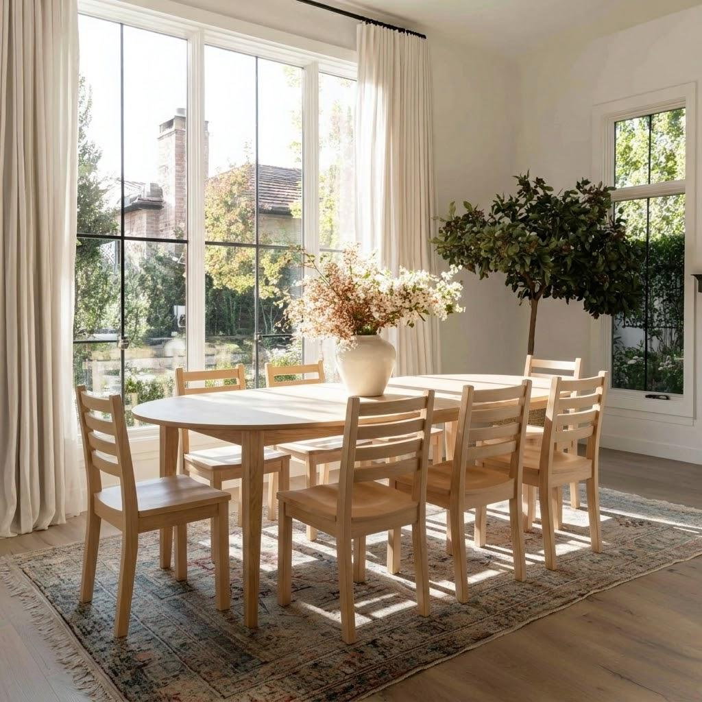 Dining room with wooden table and chairs, large windows, and decorative plants.