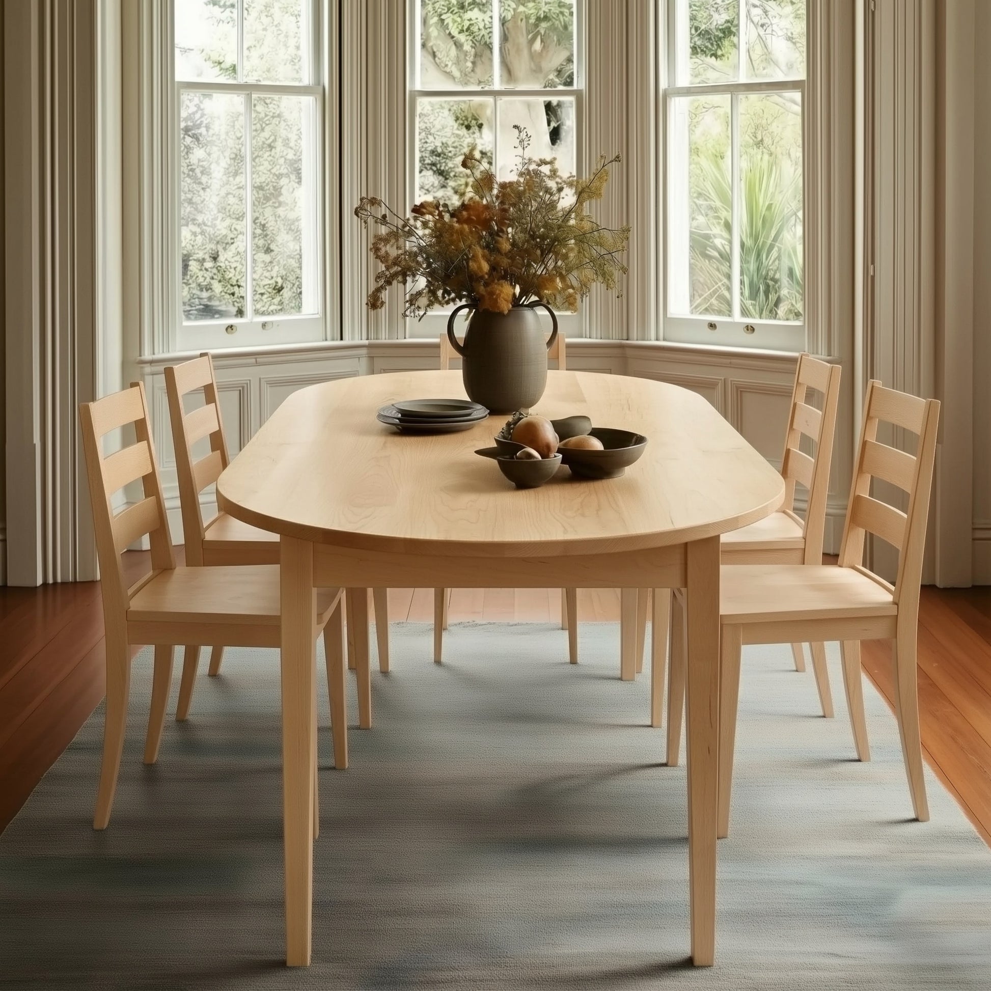 Dining room with wooden table and chairs near large windows.