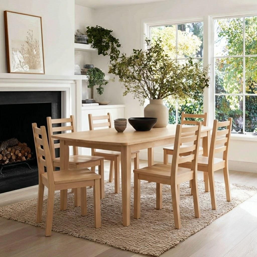 Dining room with wooden table and chairs in a bright room.