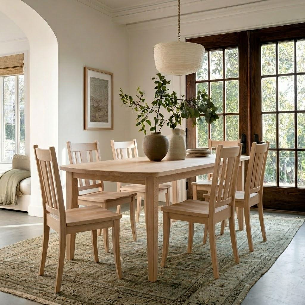 Dining room with wooden table and chairs, large windows, and a rug.