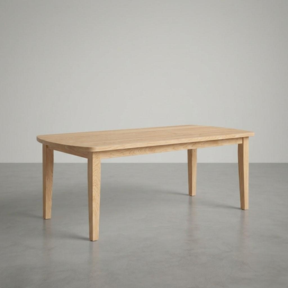 Wooden table on a gray floor with a neutral background