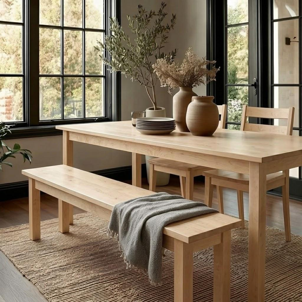 A light natural wood dining table set in a bright room with black-framed windows, accompanied by a matching wooden bench with a gray throw blanket, two wooden chairs, and neutral ceramic vases on the table.