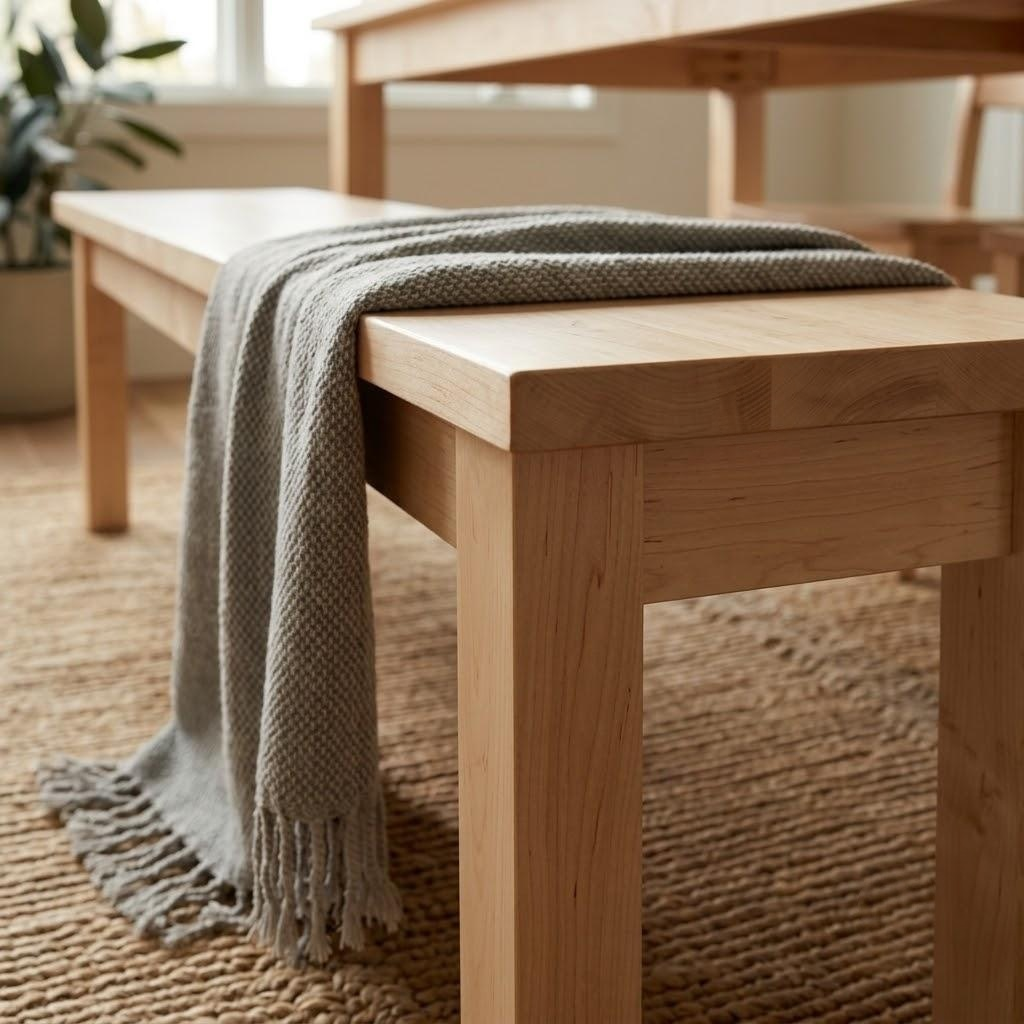 A light gray knit throw blanket with fringe is draped over a light natural wood bench in a bright, modern room.