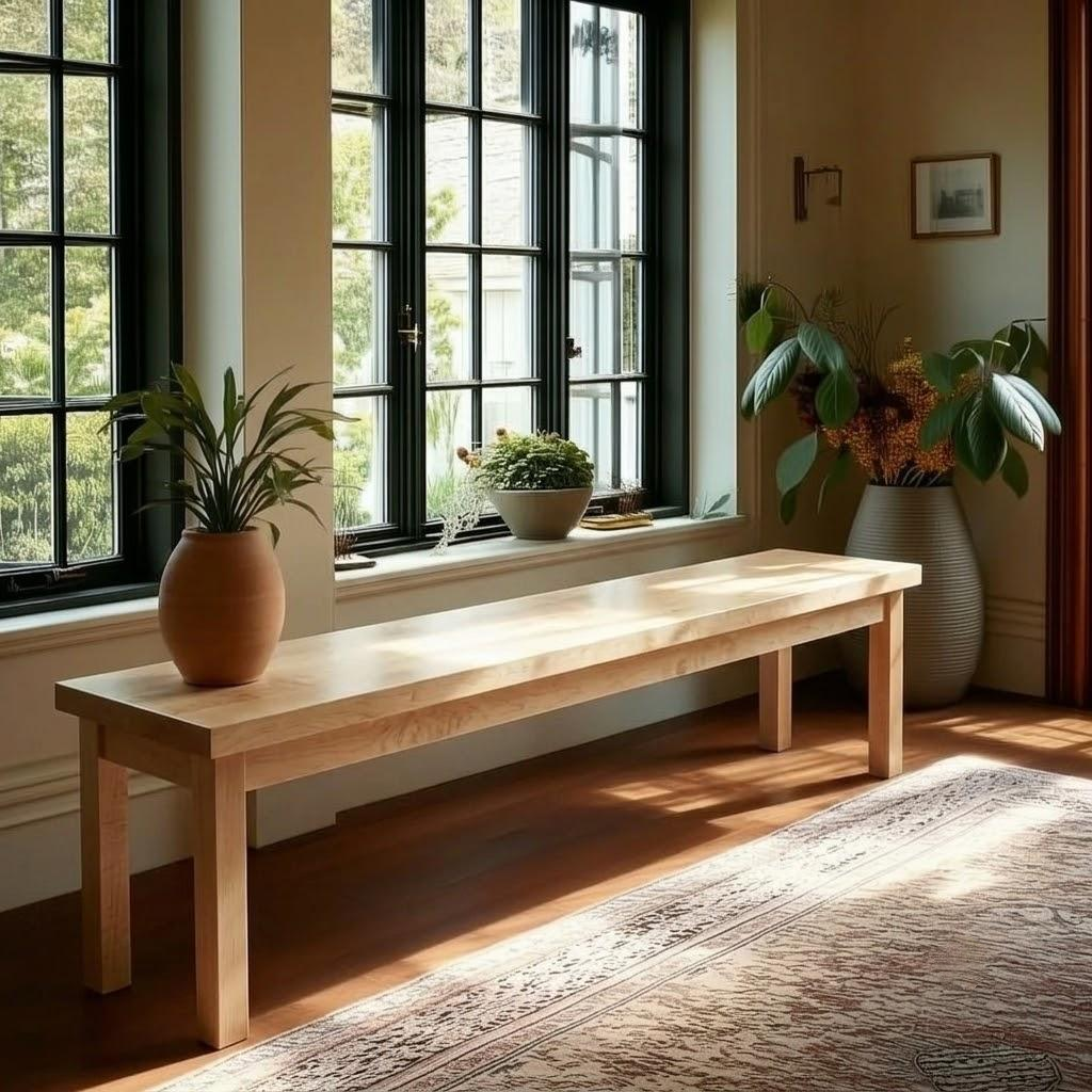 A light natural wood bench with a rectangular shape and four sturdy legs, styled in a bright room with large black-framed windows, potted plants, and a patterned rug.