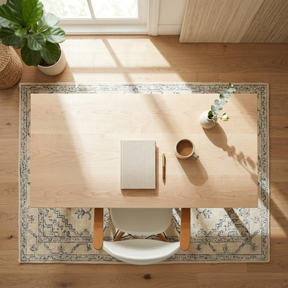 A top-down view of a light wood desk with a beige chair, styled on a blue and cream patterned area rug over a hardwood floor. A book, a pen, a small plant, and a cup are arranged on the desk, with a window and houseplant in the background.