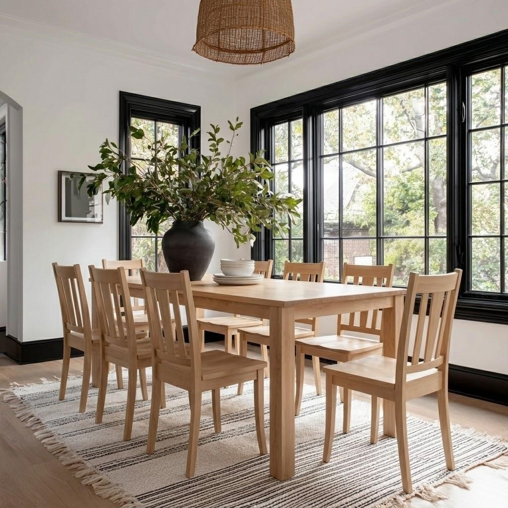 Dining room with wooden table and chairs, large windows, and a vase with plants.