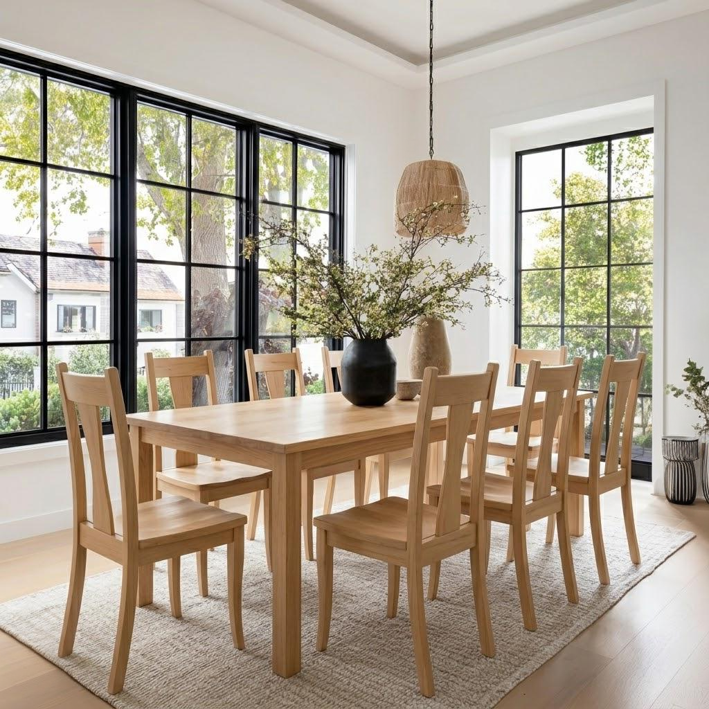 Dining room with wooden table and chairs in a bright room with large windows.