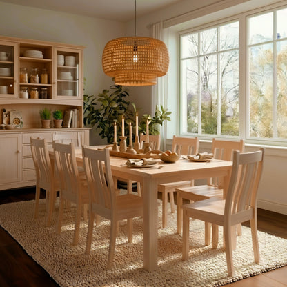 Dining room with wooden table and chairs, buffet, and large window.