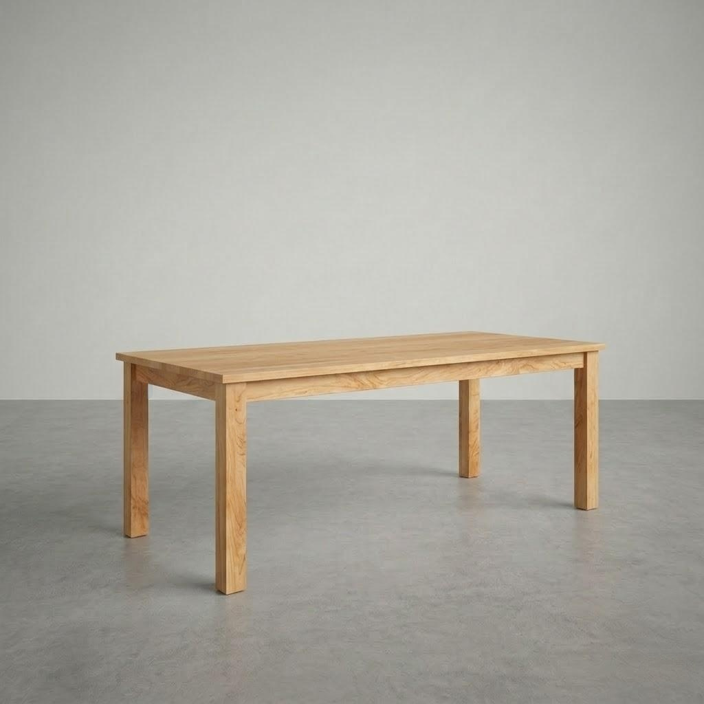 Wooden table on a gray floor with a plain gray background