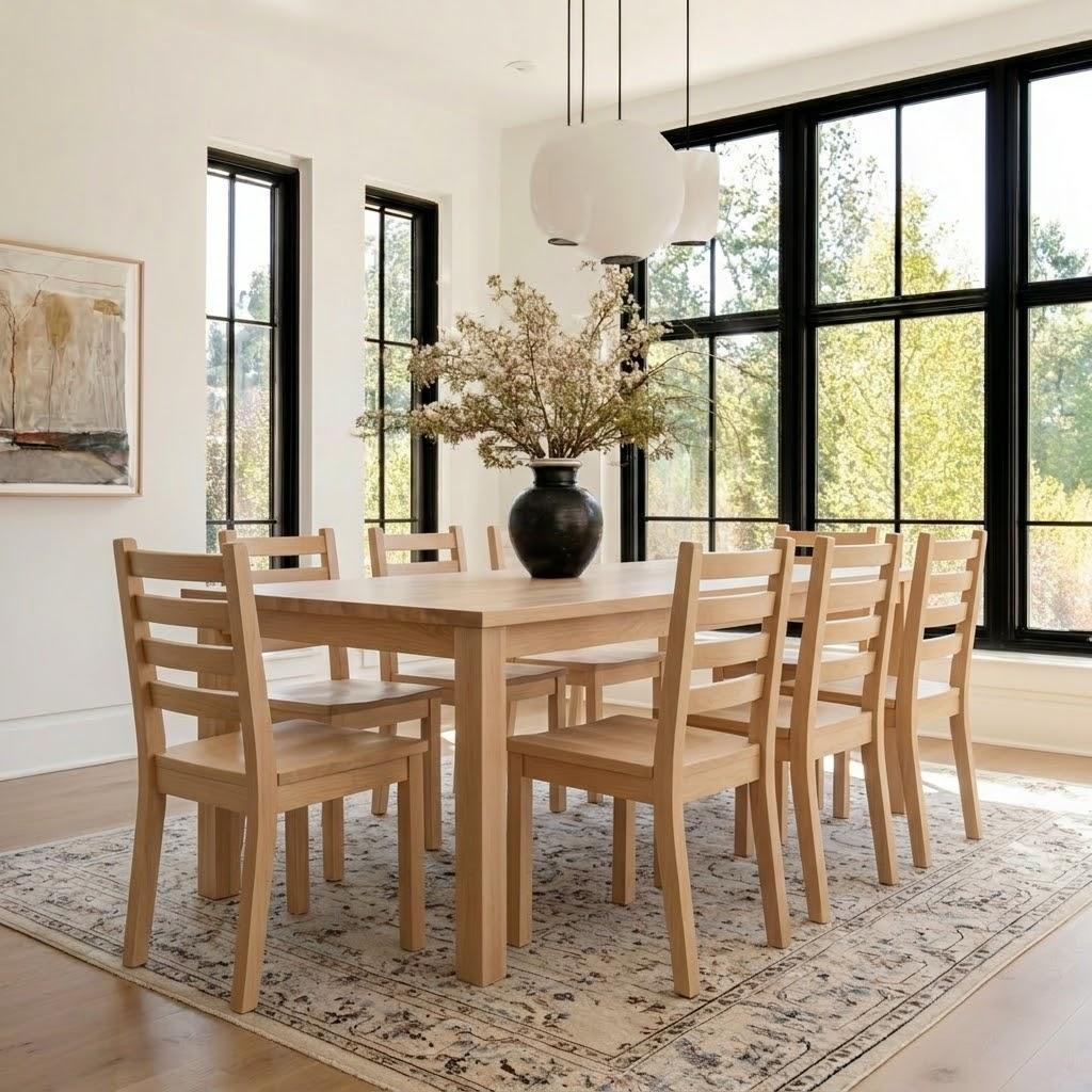 Dining room with wooden table and chairs, large windows, and a vase with flowers.