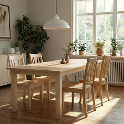 Dining room with wooden table and chairs, and large window.