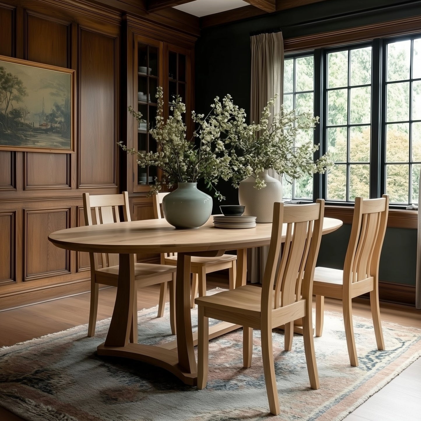 Dining room with wooden table and chairs, large windows, and decorative elements.