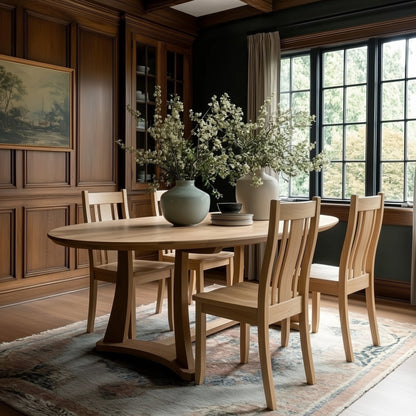 Dining room with wooden table and chairs, large windows, and decorative elements.