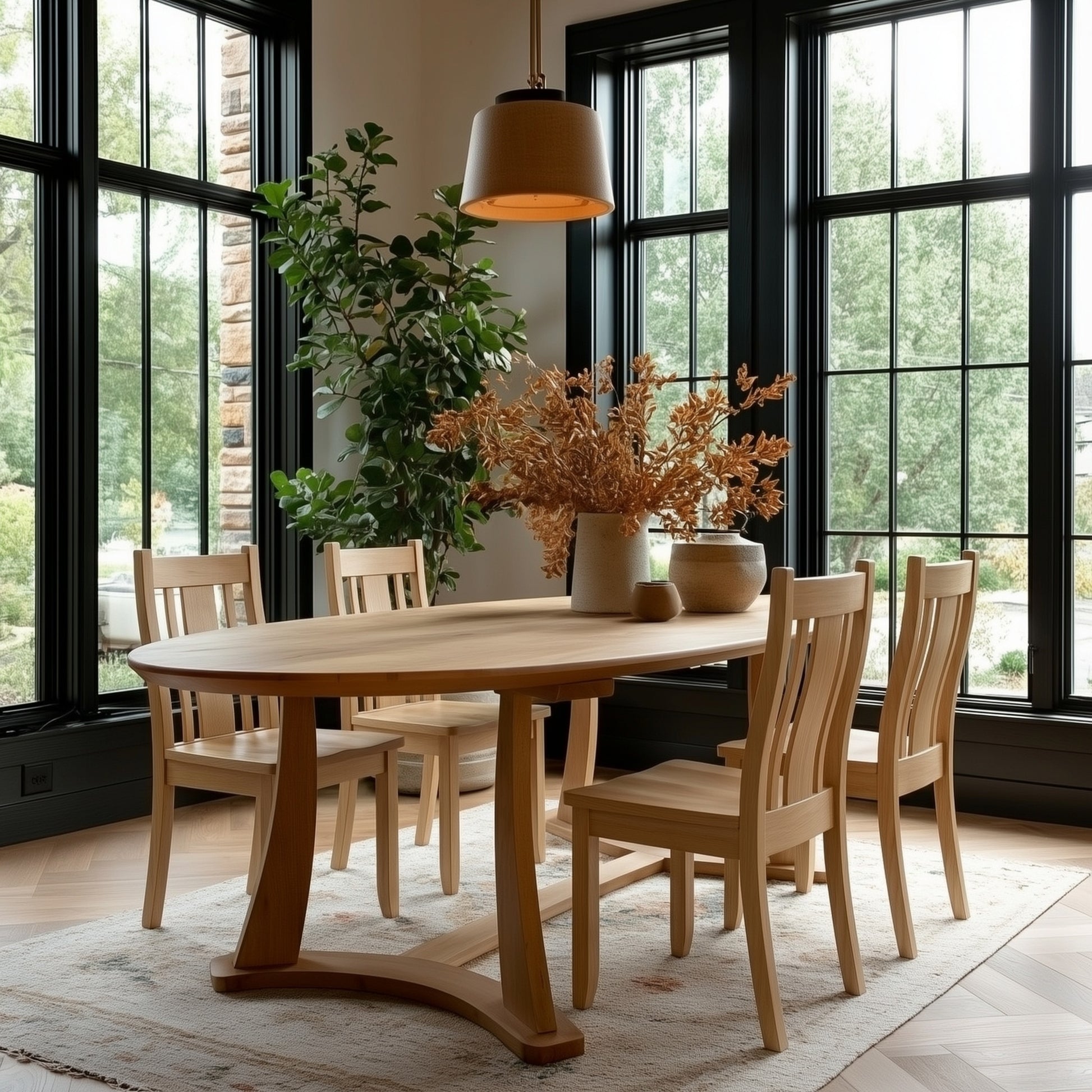 Dining room with wooden table and chairs near large windows.