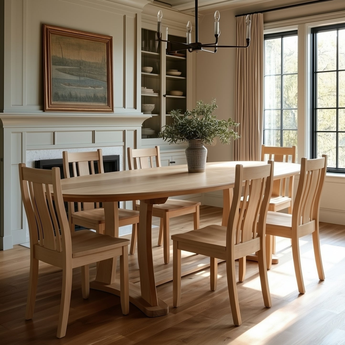 Dining room with wooden table and chairs, fireplace, and large windows.