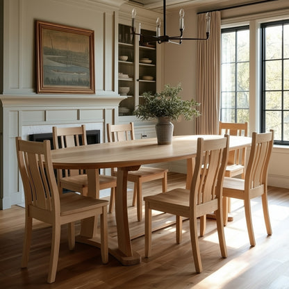 Dining room with wooden table and chairs, fireplace, and large windows.