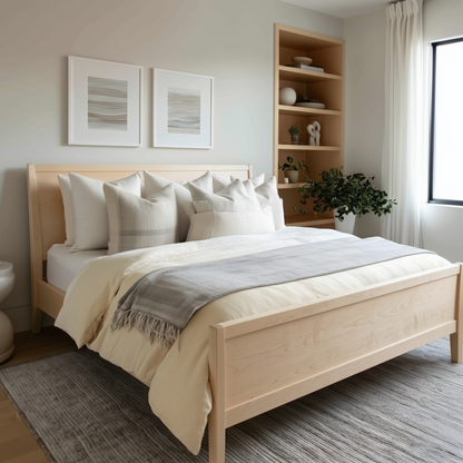 Wooden bed in a bedroom with neutral decor