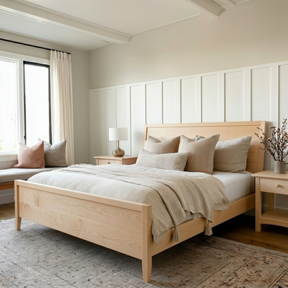 Wooden bed in a bedroom with neutral decor