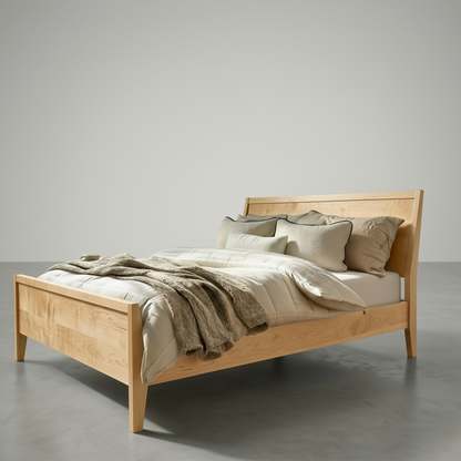 Wooden bed with beige bedding and pillows against a gray background