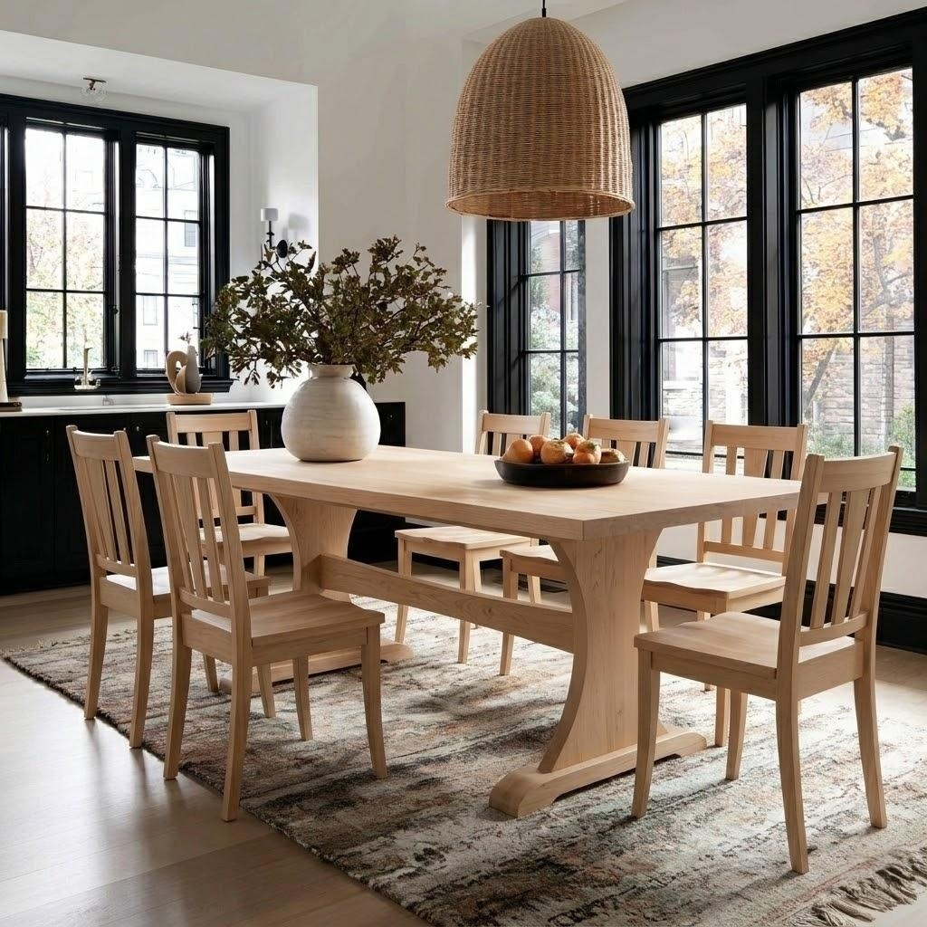 Dining room with wooden table and chairs, large windows, and a woven pendant light.