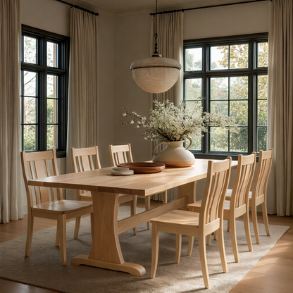Dining room with wooden table and chairs near large windows.