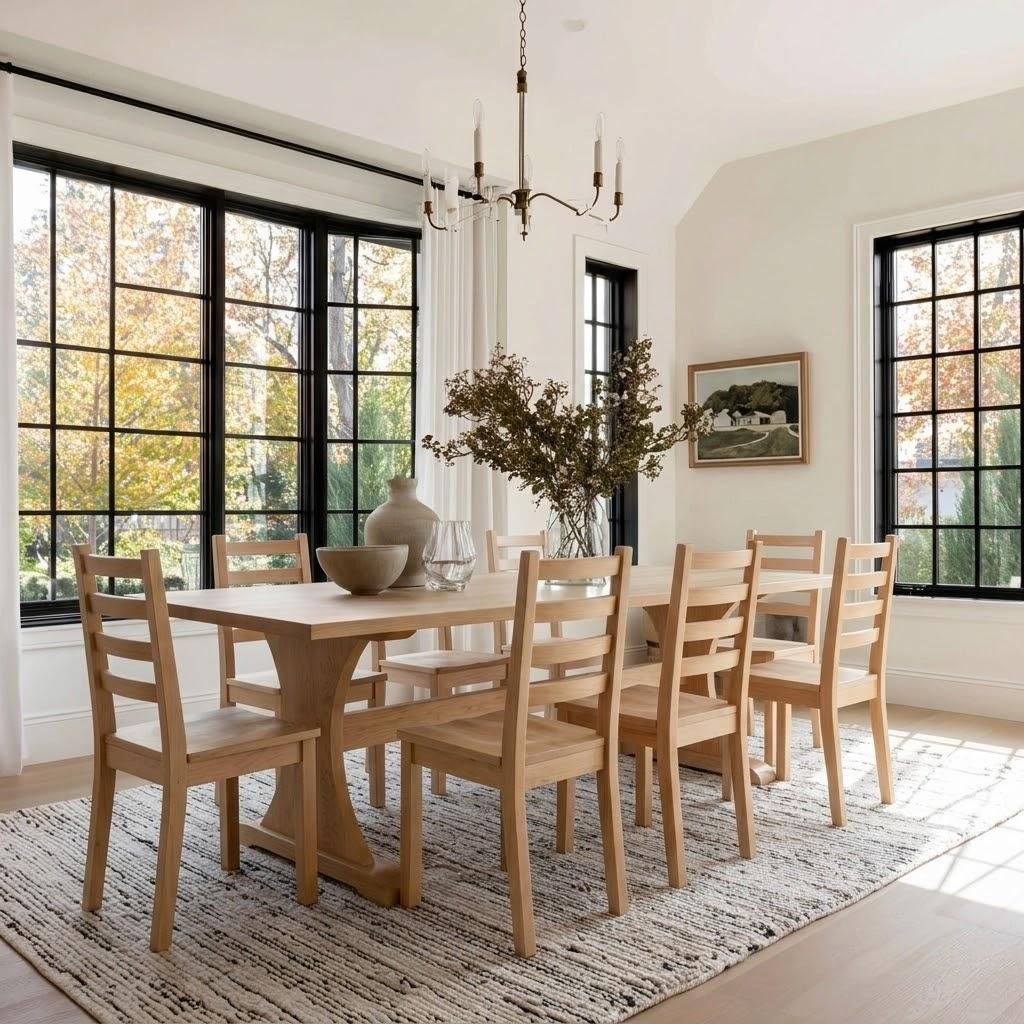 Dining room with wooden table and chairs, large windows, and a chandelier.