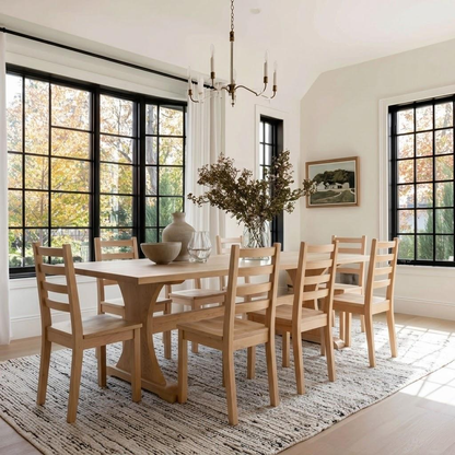 Dining room with wooden table and chairs, large windows, and a chandelier.